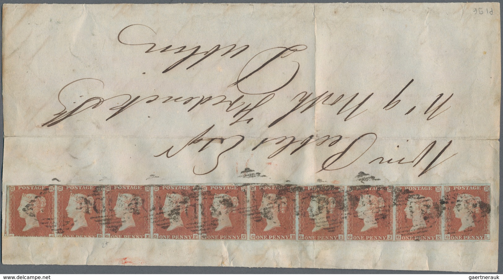 Irland: 1841 Ff., Great Britain 1d. Lake-red On Blued Paper, Horizontal Strip Of 10, Pos. G-C To G-L - Covers & Documents