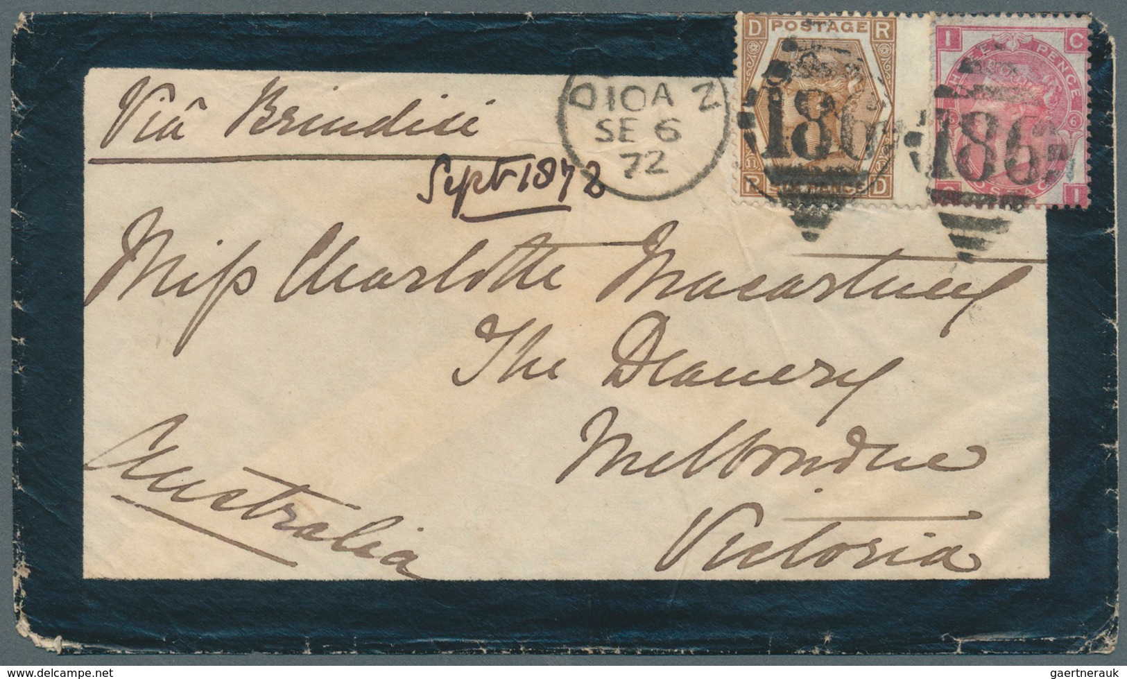 Irland: 1872 (Sep 6), Destination AUSTRALIA: Mourning Cover From Dublin To Melbourne Via Brindisi, F - Brieven En Documenten