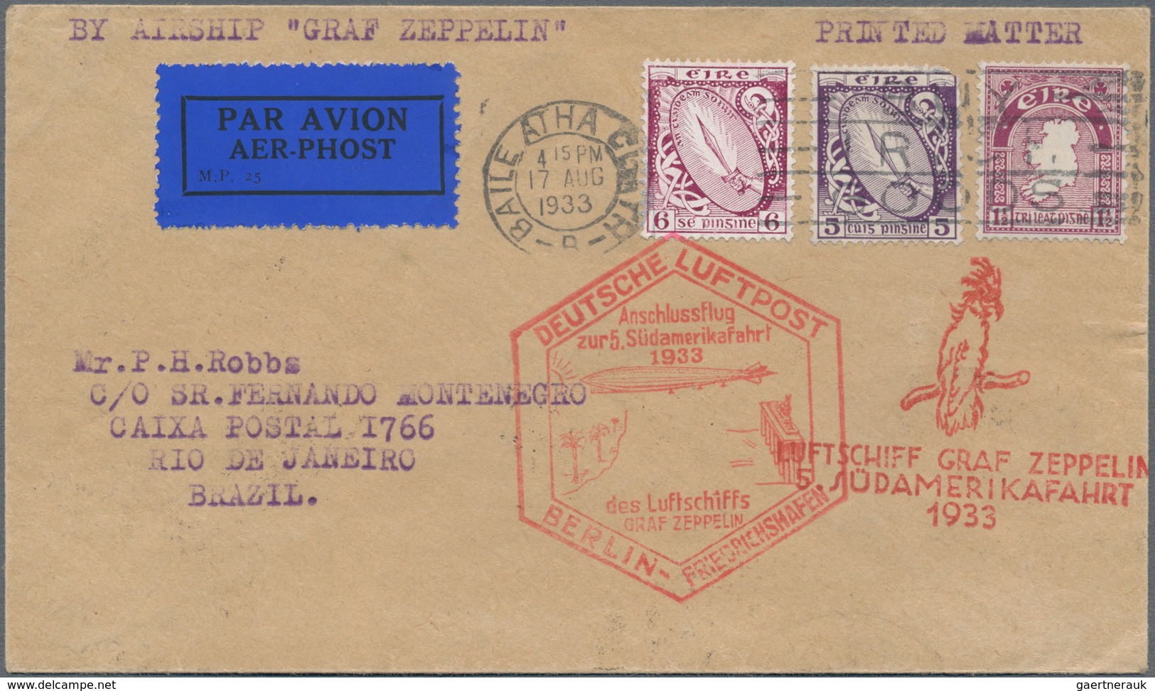 Irland: 1933, 5th SOUTHAMERICA FLIGHT, Printed Matter Flown From DUBLIN Via Berlin To Friedrichshafe - Brieven En Documenten