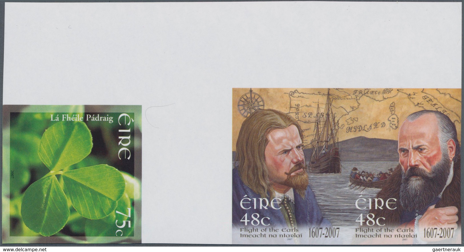 Irland: 2007, 75c. St.Patrick's Day And 2x48c. Flight Of The Earls, IMPERFORATE Proof Gutter Pair, M - Brieven En Documenten