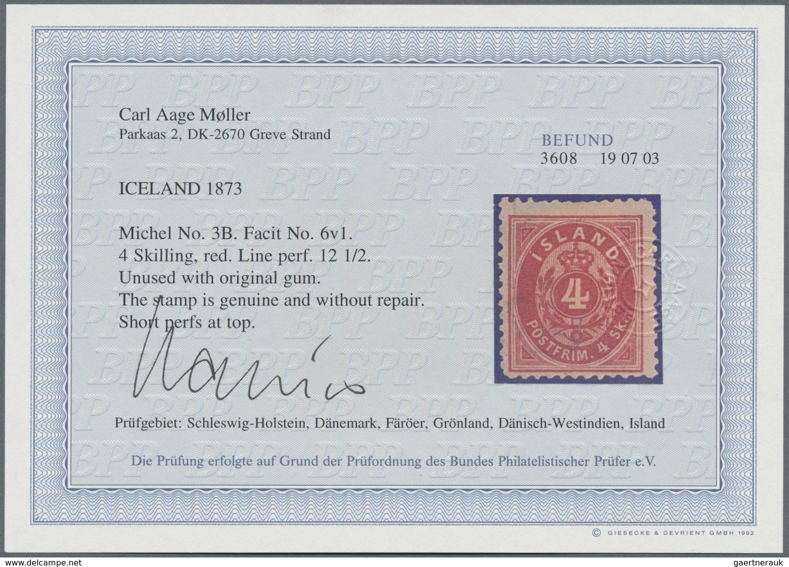 Island: 1873, 4 Skill. Red Perf. 12½ Mint Heavy Hinged With Part Original Gum And Short Perfs. At To - Other & Unclassified