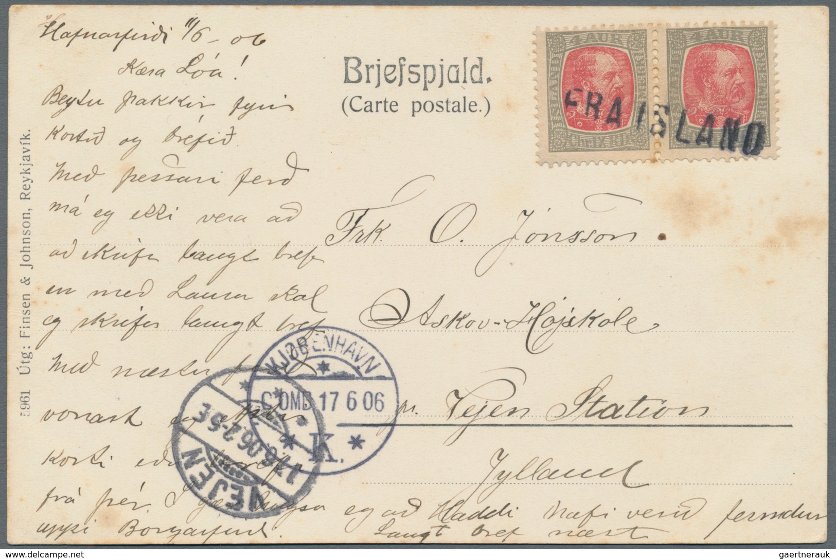 Island: 1906, Ppc Of Reykjavik Written In Hafnarfjörör Franked With Pair 4 Aur Christian IX. With Sh - Andere & Zonder Classificatie