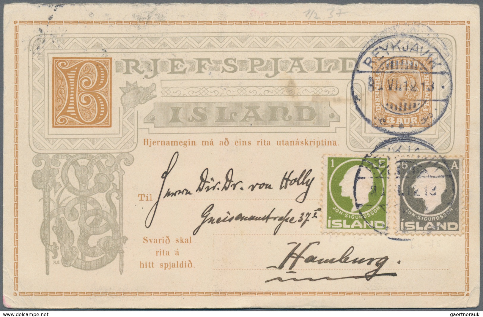 Island: 1912, 1 A Yellow-green And 6 A Gray Additional Franking On 3 A Brown Sigardsson Postal Stati - Other & Unclassified