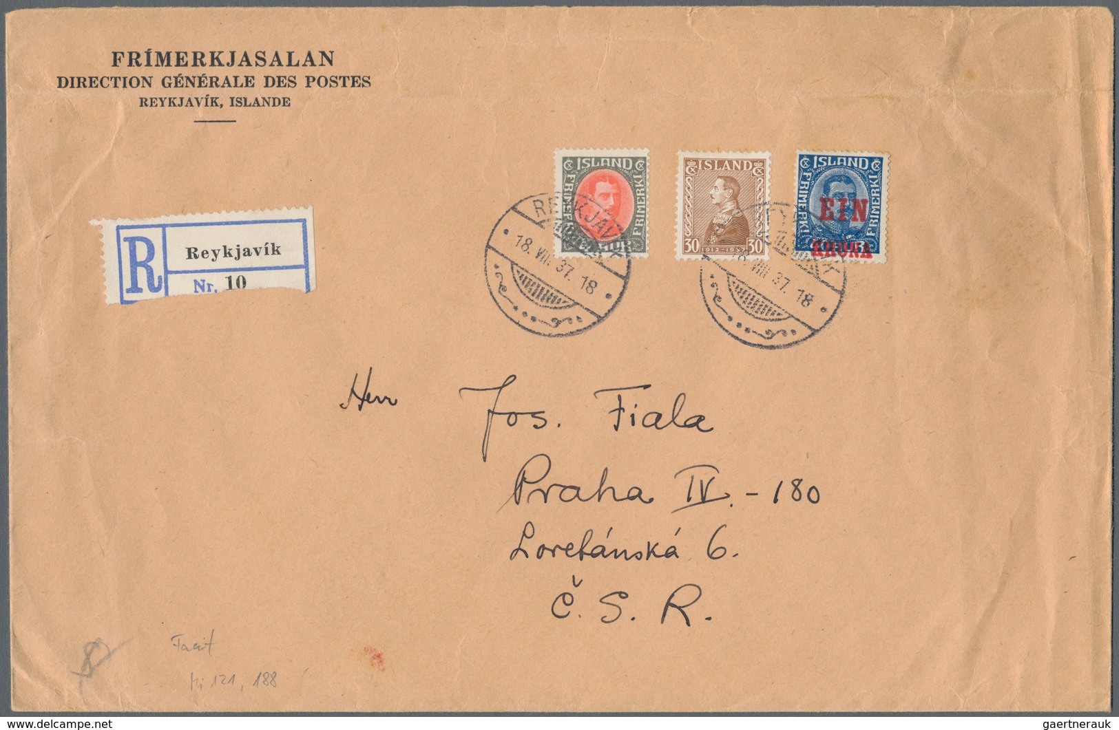 Island: 1937, "EIN KRÓNA" Overprint On 40 A Blue Mixed Franking On Registered Letter From Reykjavik - Otros & Sin Clasificación