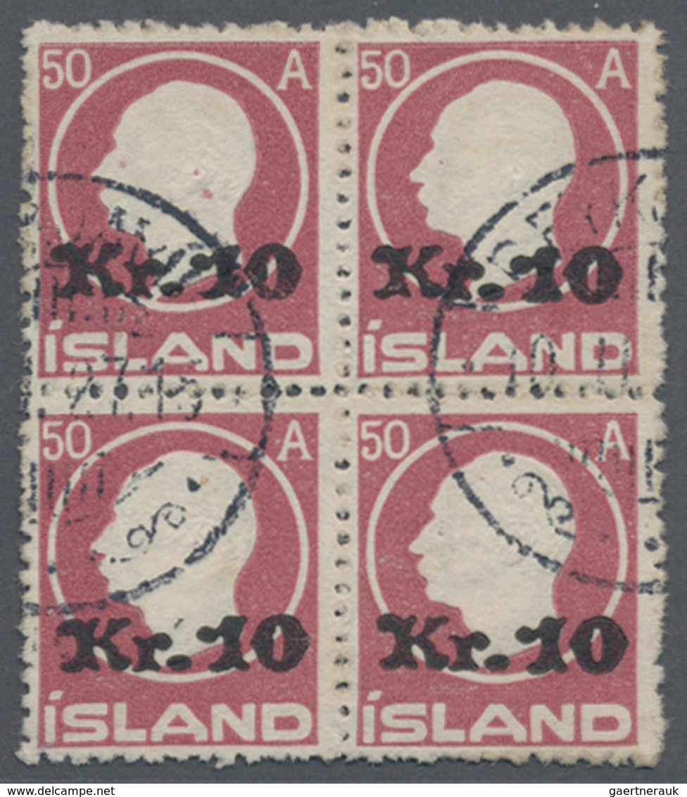 Island: 1925, King Frederik VIII. Definitive 50aur. Brown-lilac Surcharged ‚Kr. 10‘ Block Of Four Fi - Otros & Sin Clasificación