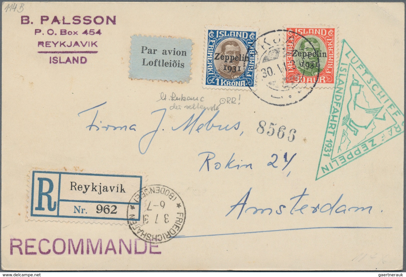 Island: 1931, ISLANDFAHRT: Registered Card Franked With 30 A And 1 Kr "Zeppein 1931" Stamps Cancelle - Otros & Sin Clasificación