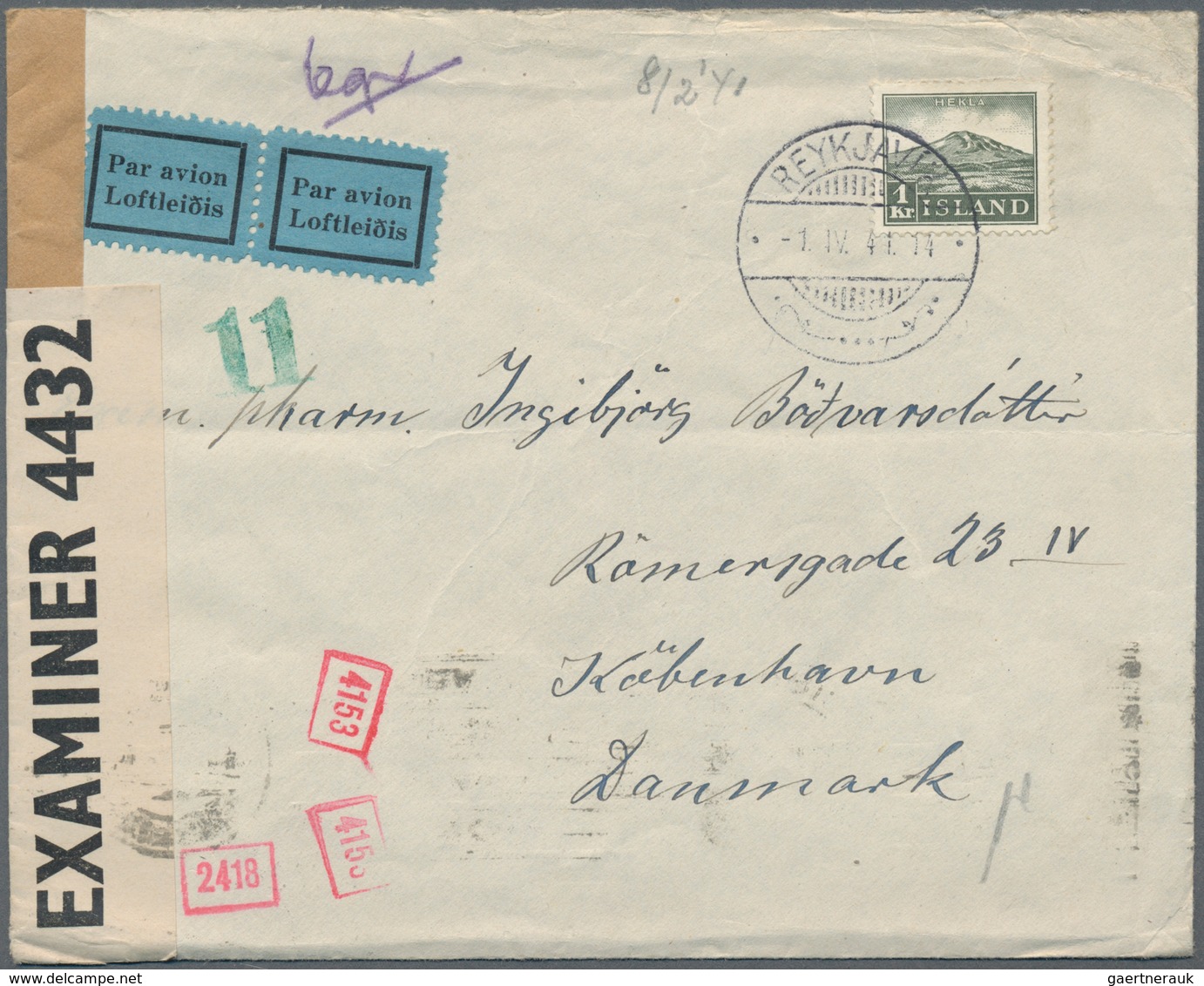 Island: 1941, 1 Kr Grey-green "volcano Hekla", Single Franking On Airmail Cover From REYKJAVIK, 1.IV - Otros & Sin Clasificación