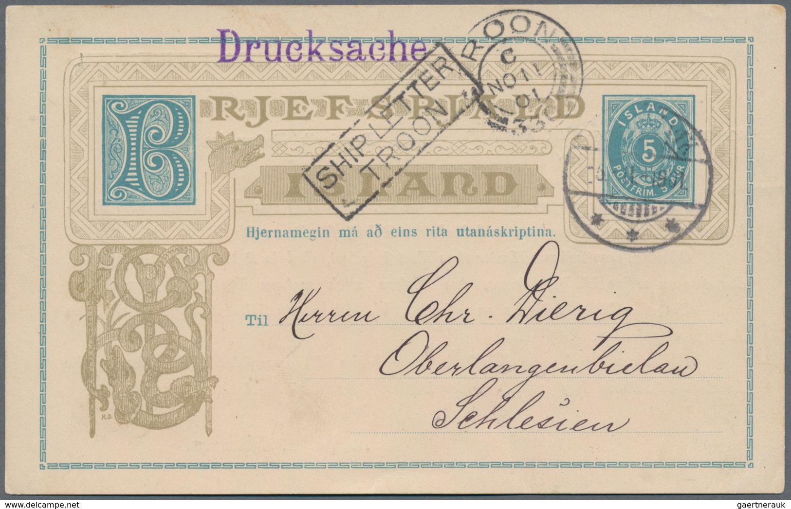 Island - Ganzsachen: 1901 Destination SILESIA: Postal Stationery Card 5a. Blue (1895), With Commerci - Postwaardestukken