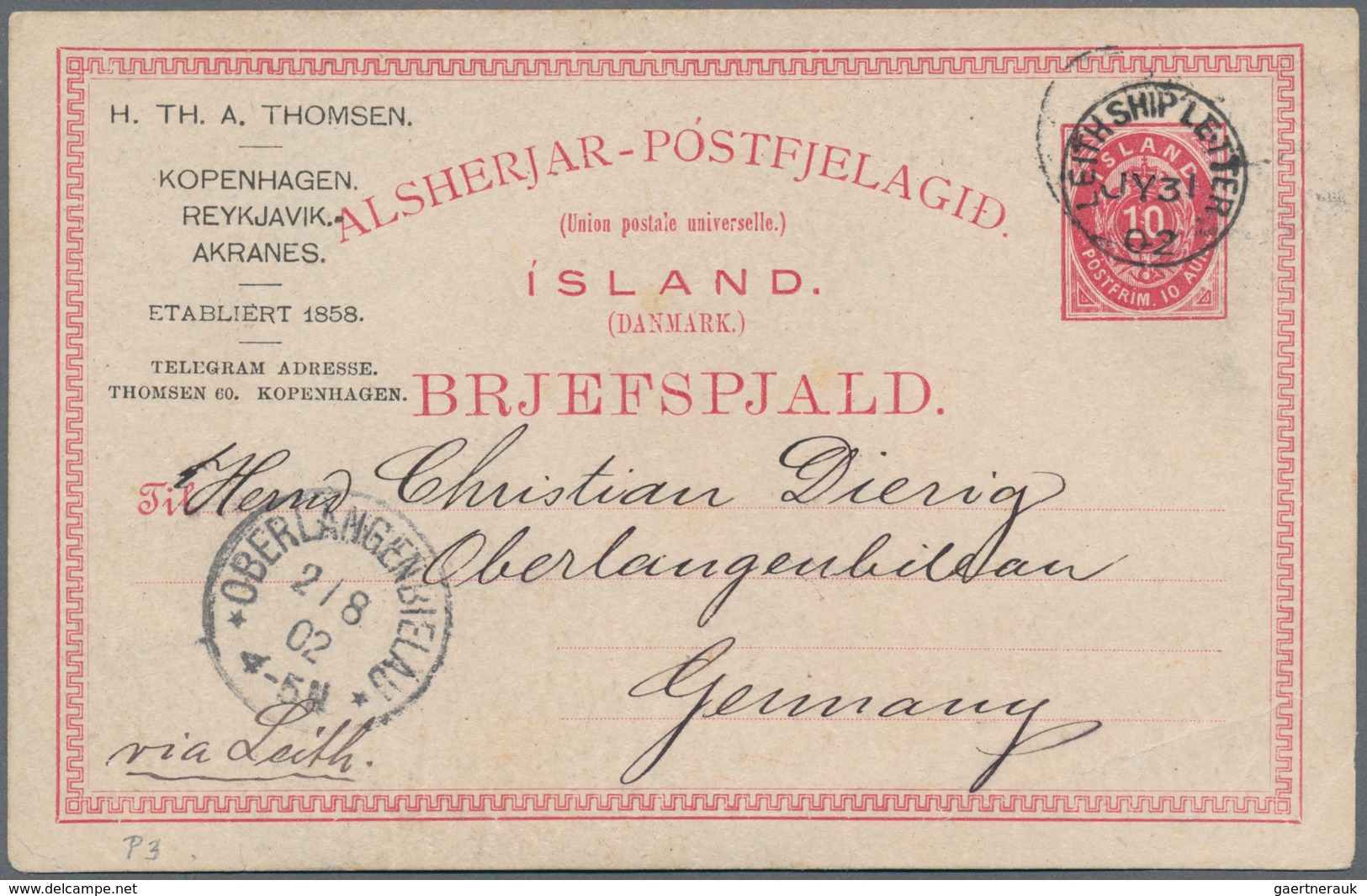 Island - Ganzsachen: 1902 Destination SILESIA: Postal Stationery Card 10a. Carmine (1880 Issue), Wit - Postwaardestukken