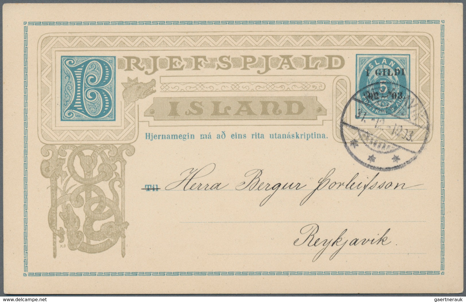 Island - Ganzsachen: 1902-03 Provisional Postal Stationery Card "Í GILDI" On 5a. Blue With "THOMSENS - Postal Stationery