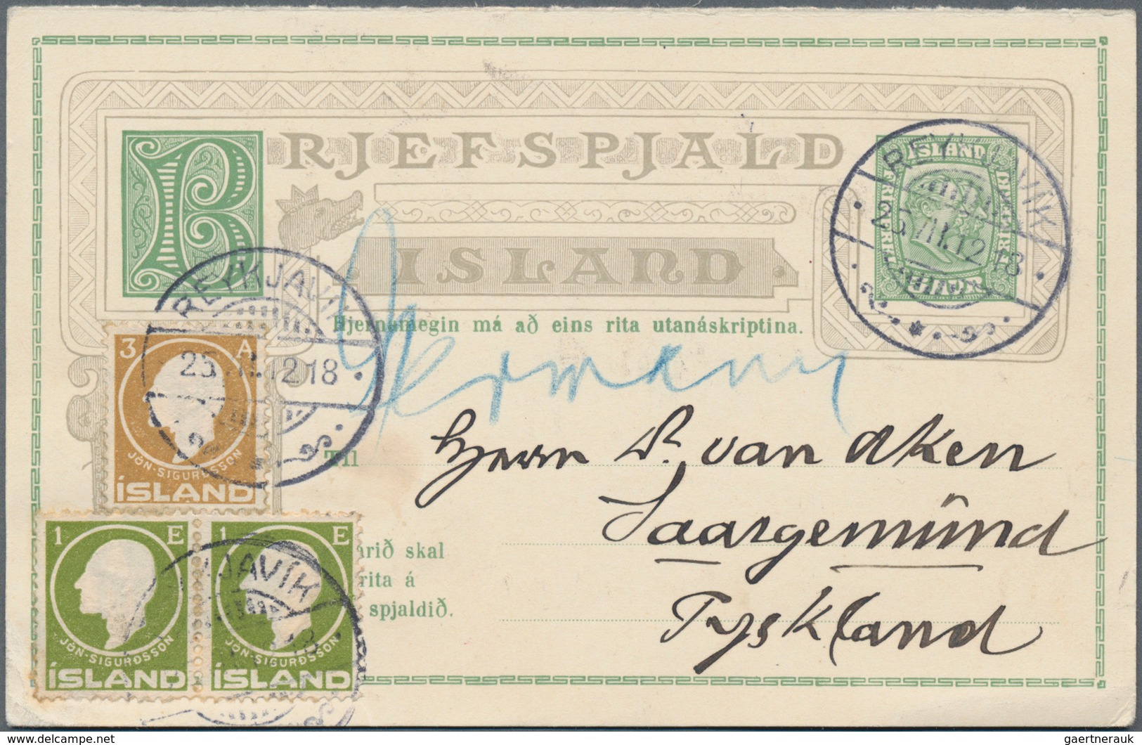 Island - Ganzsachen: 1907 Sender Part Of Postal Stationery Double Card 5+5a. Green Used From Reykjav - Postwaardestukken