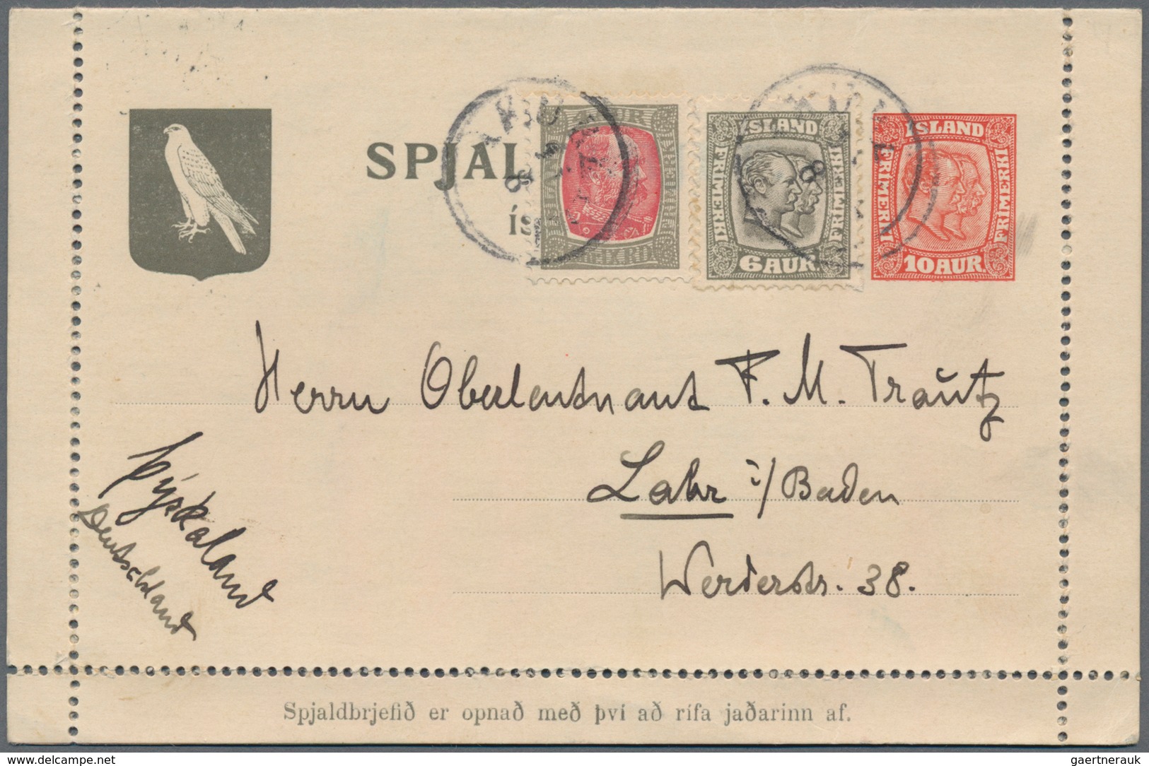 Island - Ganzsachen: 1907 Complete Postal Stationery Letter Card 10a. Rose Used From Akureyri To Lah - Postwaardestukken