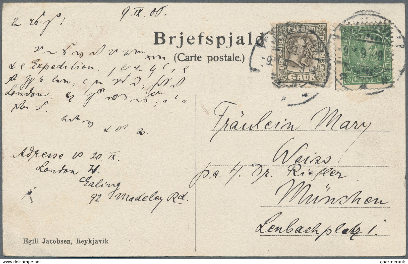 Island - Ganzsachen: 1908, Two Picture Postcards Sent From Reykjavik To Munich, Germany, With 'Gullf - Postwaardestukken