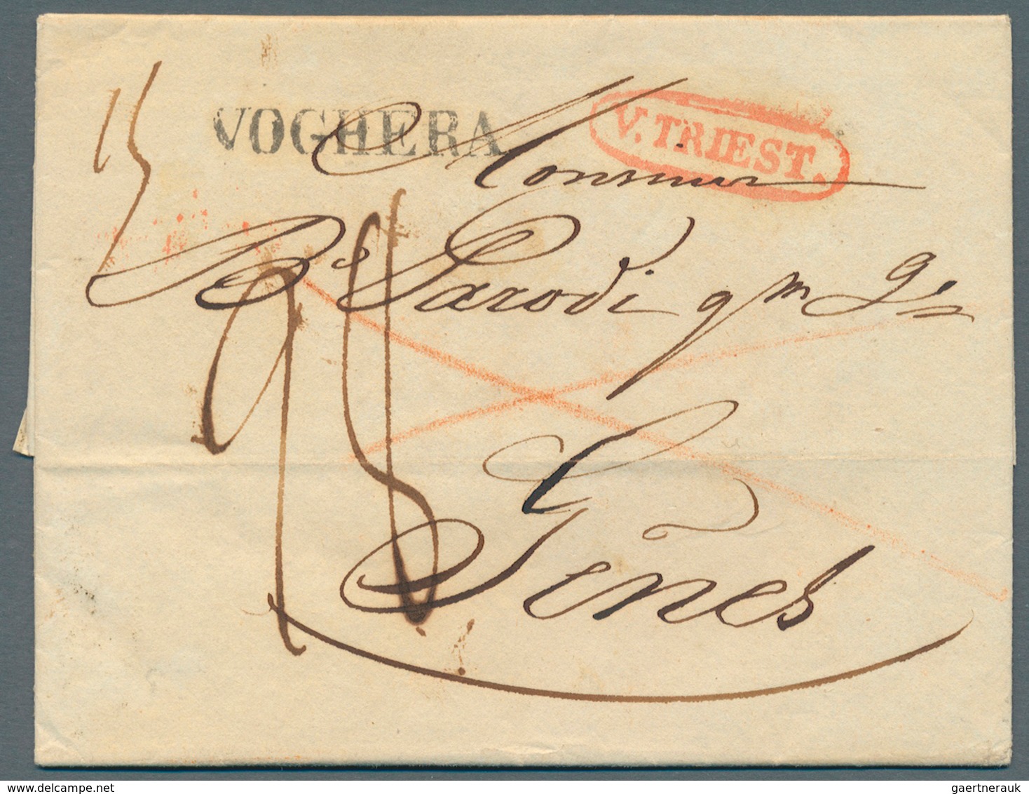 Italien - Vorphilatelie: 1832, "V.TRIEST", Red Oval Mark On Folded Letter Via "VOGHERA" (straight Li - 1. ...-1850 Vorphilatelie