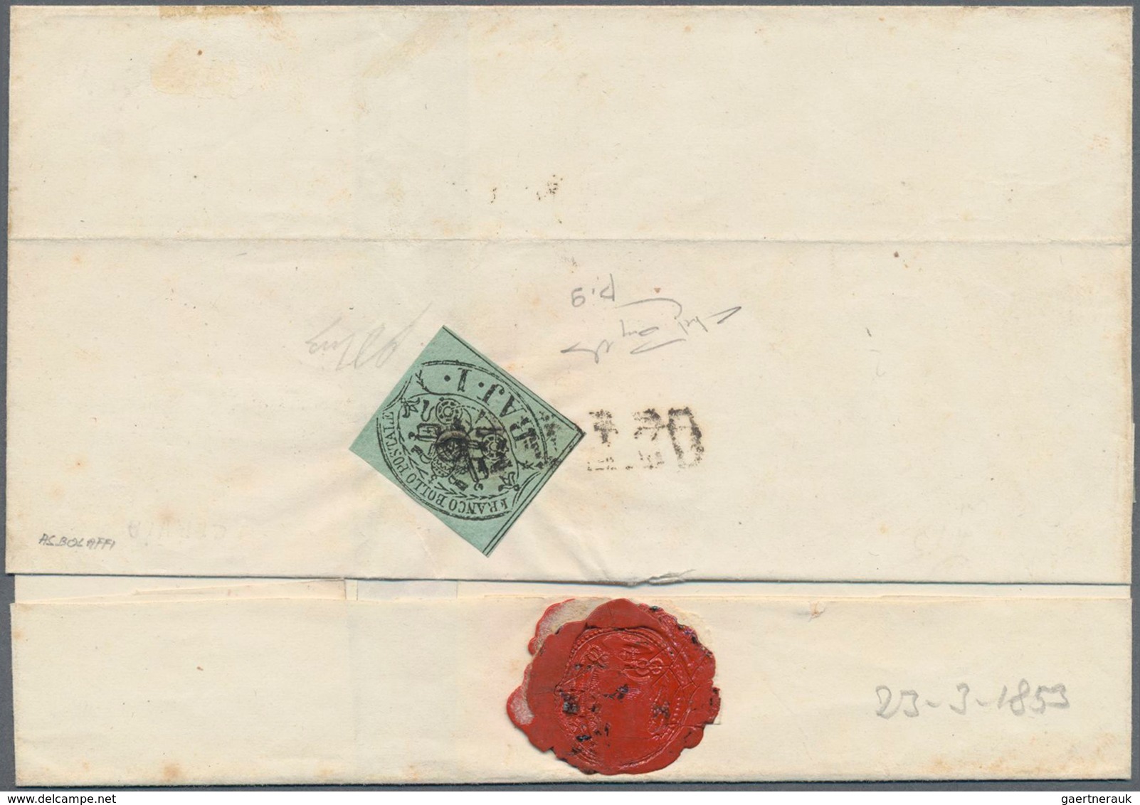 Italien - Altitalienische Staaten: Kirchenstaat: 1852, 1 Baj Black Auf Bluish Green Backside On Fold - Kerkelijke Staten