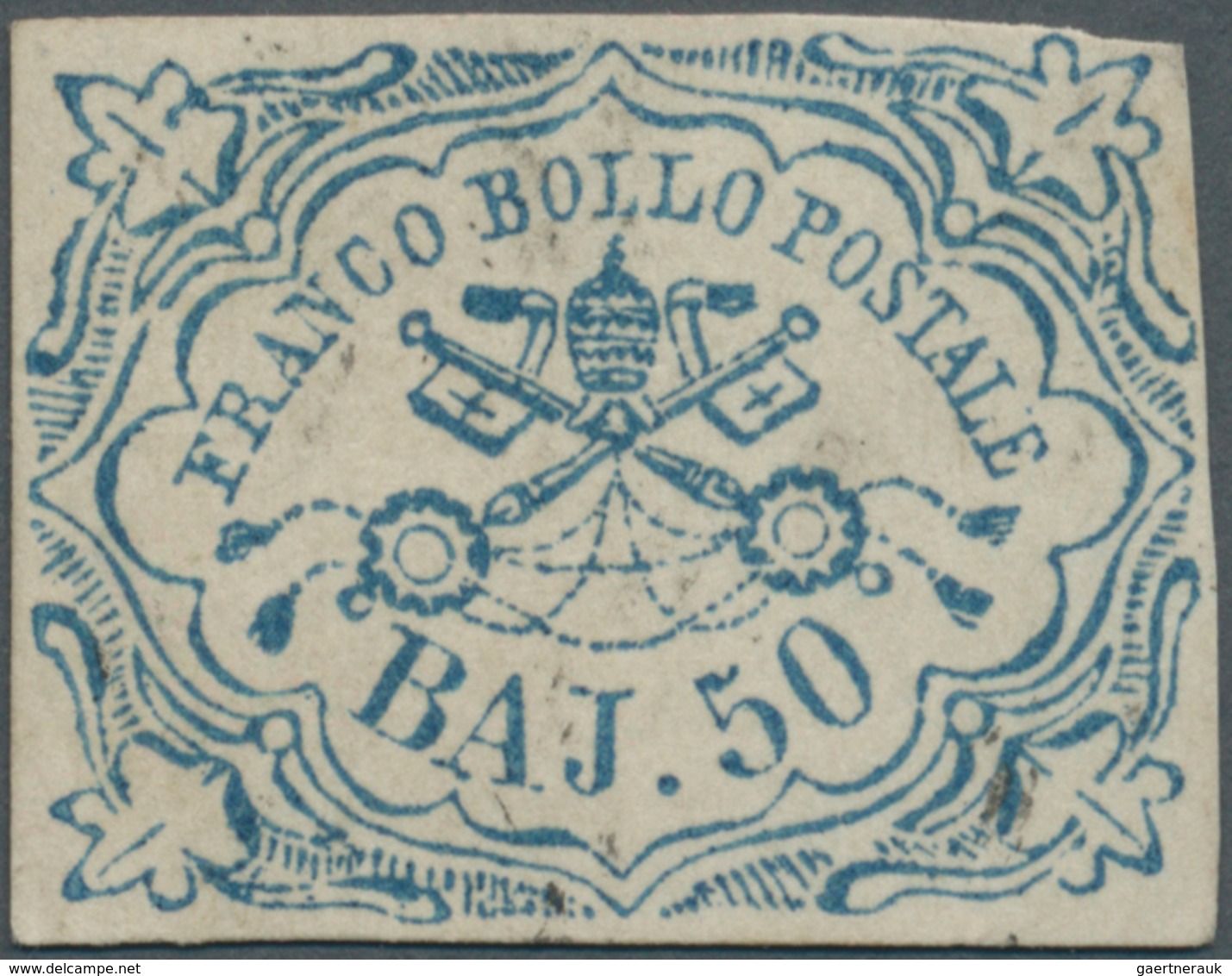 Italien - Altitalienische Staaten: Kirchenstaat: 1852, 50 Baj Blue, Fine Printing, Full Margins, Fre - Papal States