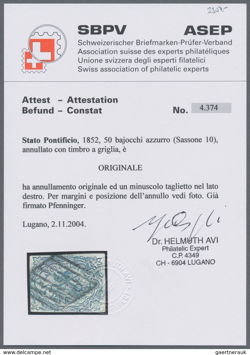 Italien - Altitalienische Staaten: Kirchenstaat: 1852, 50 Baj Blue Cancelled With Rhombus Stamp With - Papal States