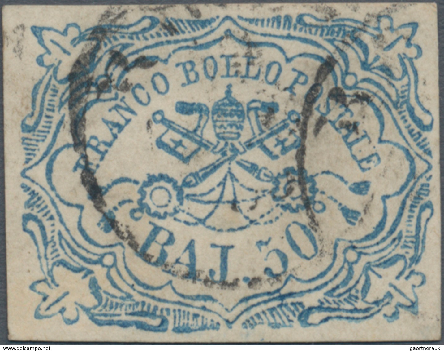 Italien - Altitalienische Staaten: Kirchenstaat: 1852, 50 Baj. Blue Cancelled With Circle Postmark, - Papal States