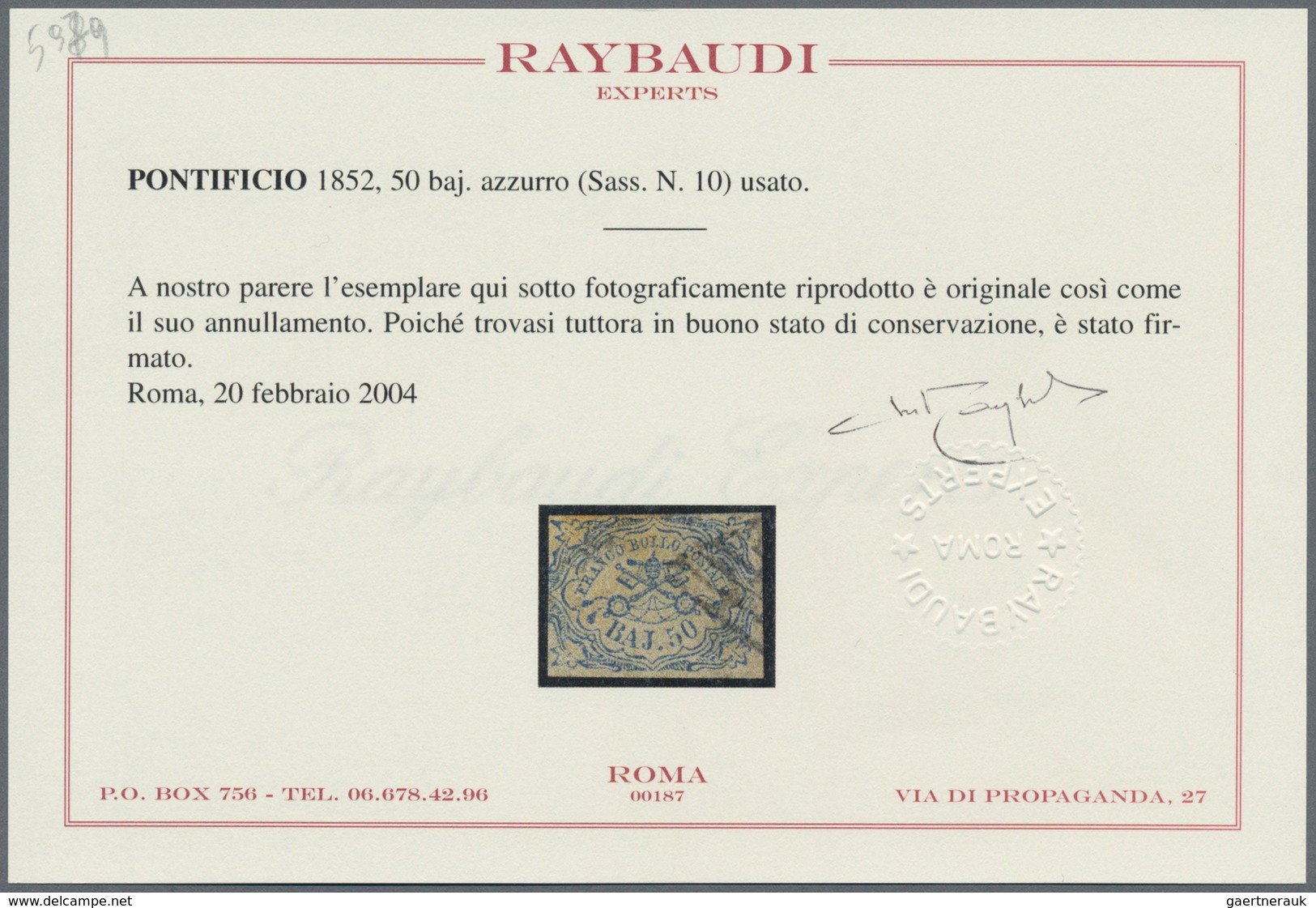Italien - Altitalienische Staaten: Kirchenstaat: 1852. 50 Baj. Blue, Wide Margins At Three Side, Tou - Papal States