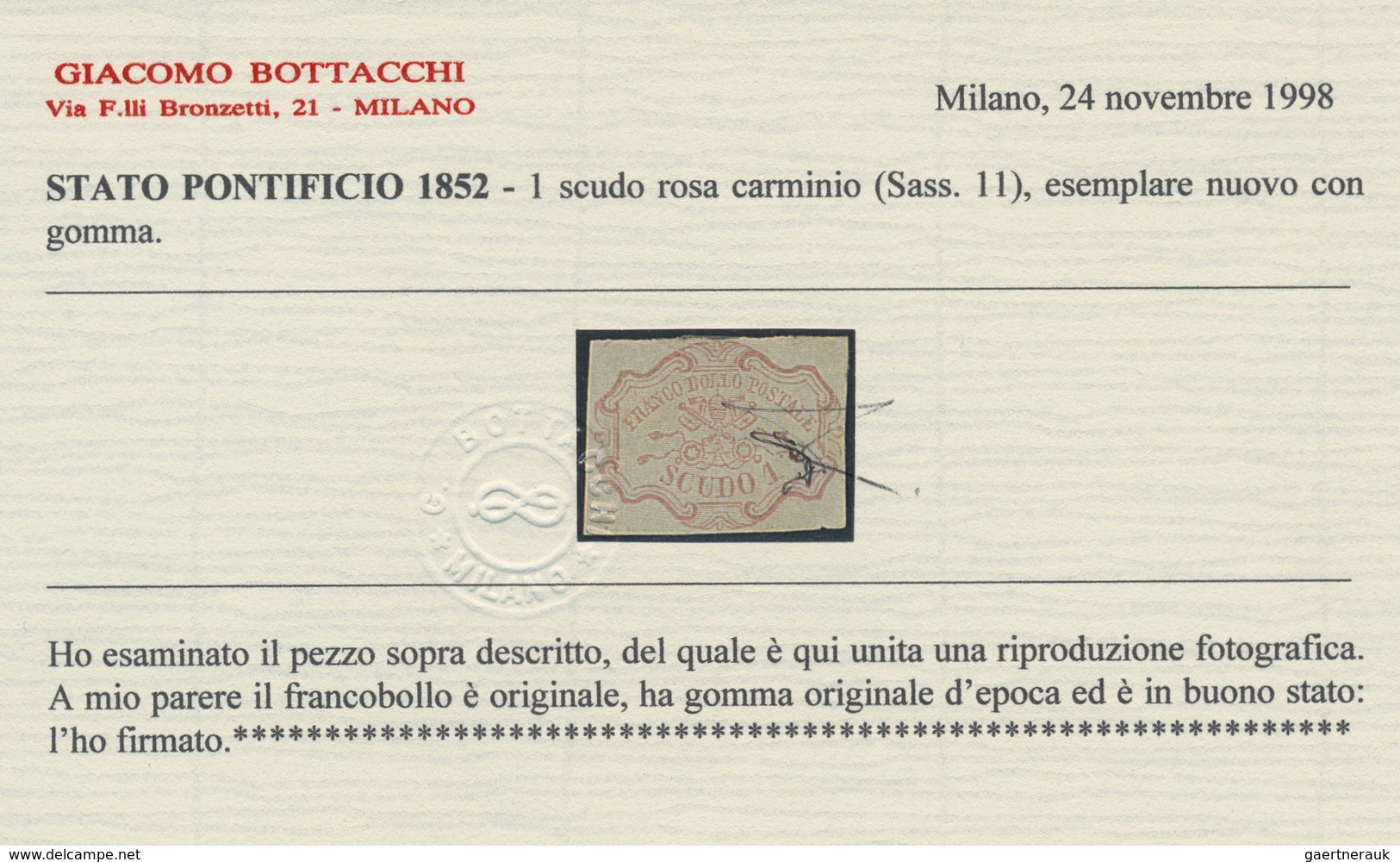 Italien - Altitalienische Staaten: Kirchenstaat: 1852, 1 Scudo Rosa Carminio, 1sc. Carmine Rose, Ver - Papal States