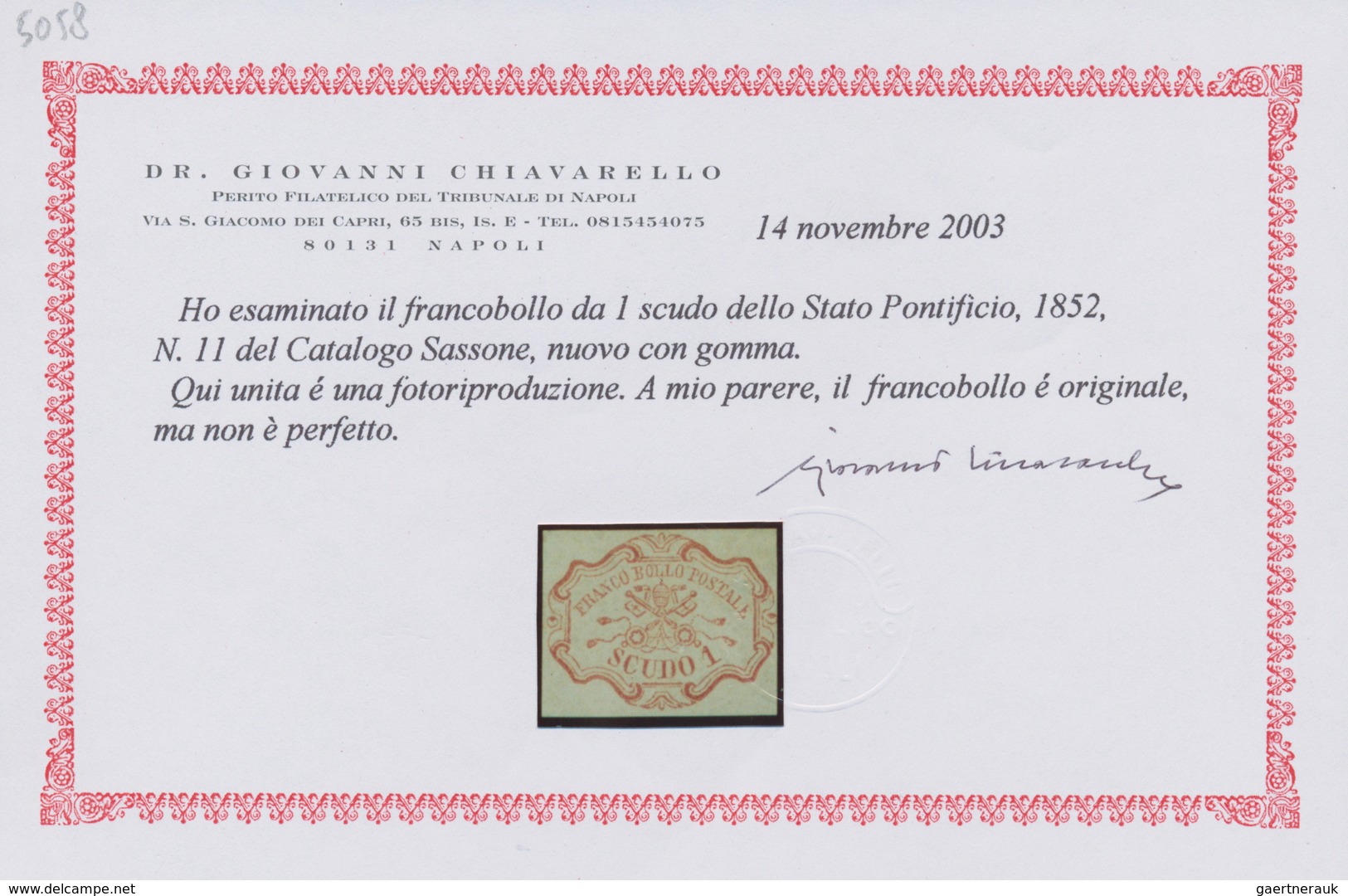 Italien - Altitalienische Staaten: Kirchenstaat: 1852, 1sc. Rose-carmine, Fresh Colour, Slightly Tou - Papal States