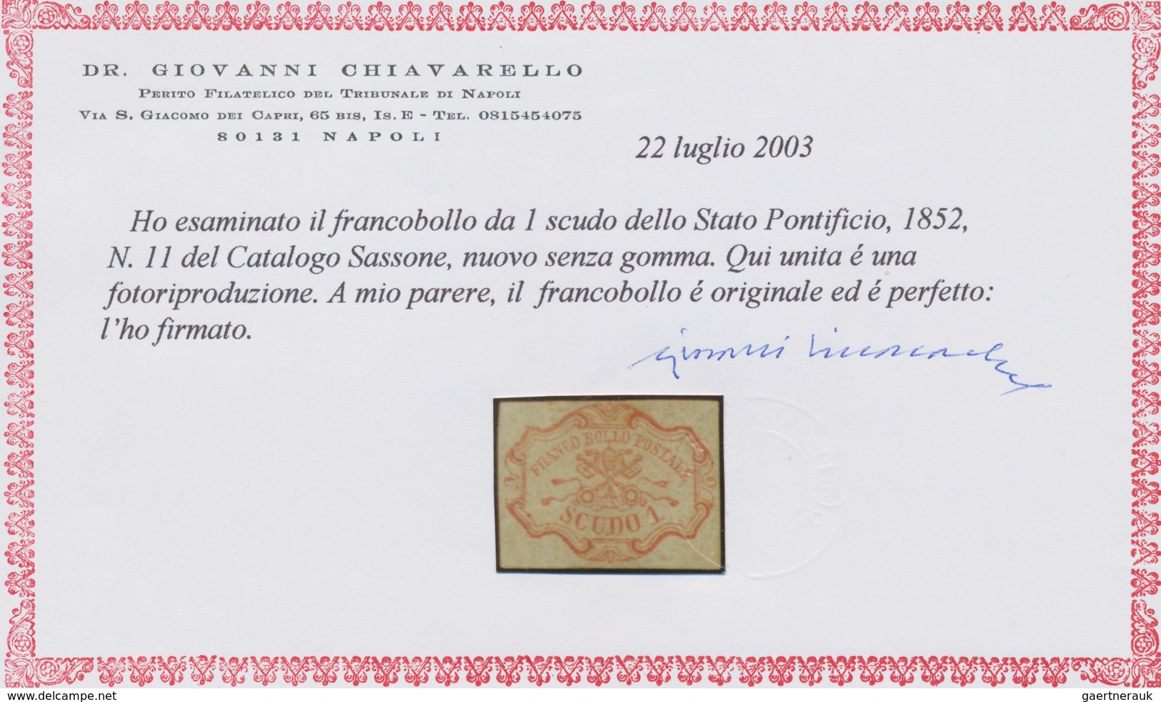 Italien - Altitalienische Staaten: Kirchenstaat: 1852, 1 Sc Rose-carmine Unused Without Gum, The Sta - Papal States