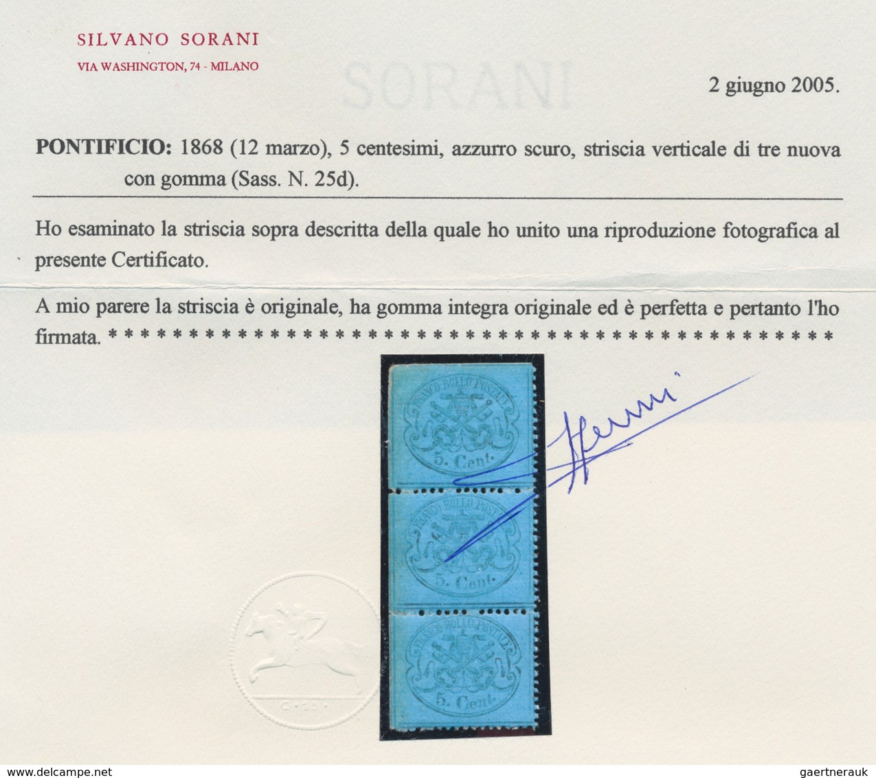 Italien - Altitalienische Staaten: Kirchenstaat: 1868, 5 Cent. Azzurro Scuro, 5c. Greenish Blue, Unm - Papal States