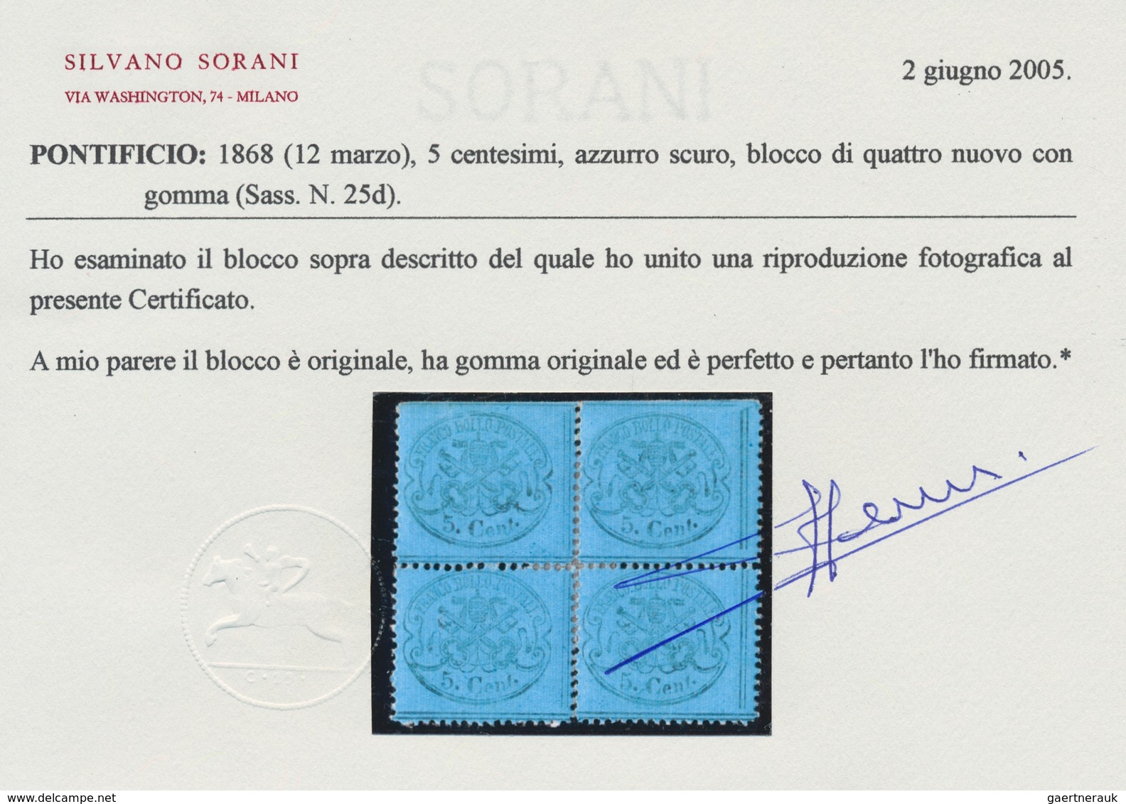 Italien - Altitalienische Staaten: Kirchenstaat: 1868, 5 Cent. Azzurro Scuro, 5c. Dark Greenish Blue - Papal States