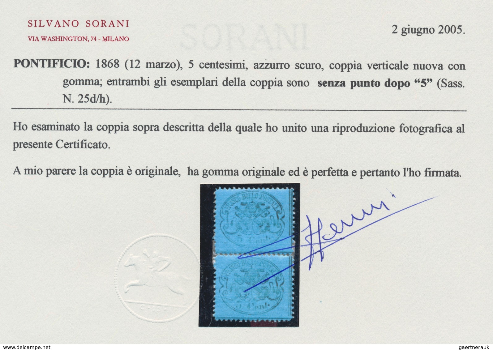 Italien - Altitalienische Staaten: Kirchenstaat: 1868, 5 Cent. Azzurro Scuro, 5c. Greenish Blue, Min - Papal States