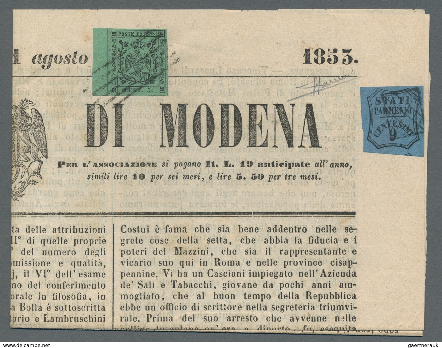 Italien - Altitalienische Staaten: Modena: 1852, 5 Centesimi Verde, 5 C. Green On Newspaper "Message - Modena