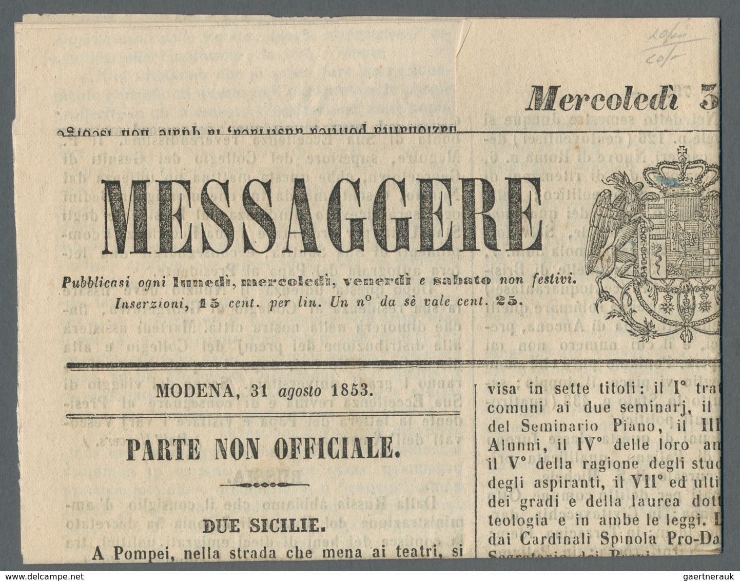 Italien - Altitalienische Staaten: Modena: 1852, 5 Centesimi Verde, 5 C. Green On Newspaper "Message - Modena