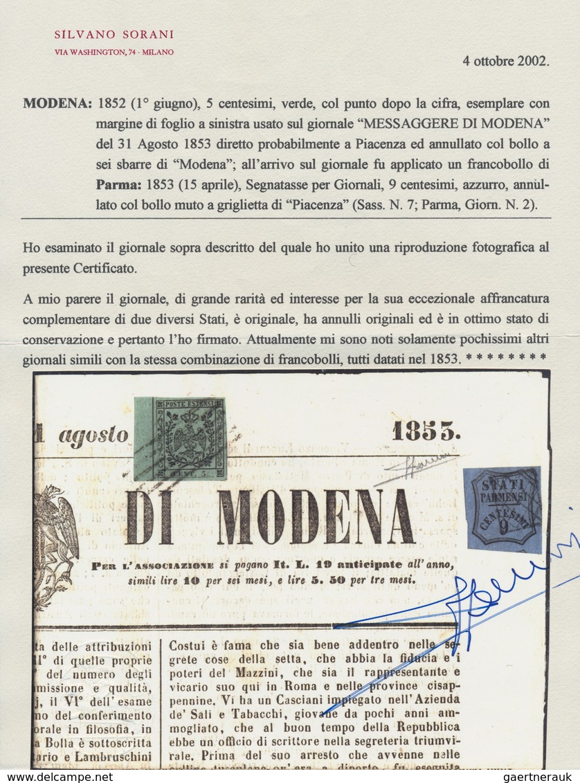 Italien - Altitalienische Staaten: Modena: 1852, 5 Centesimi Verde, 5 C. Green On Newspaper "Message - Modena