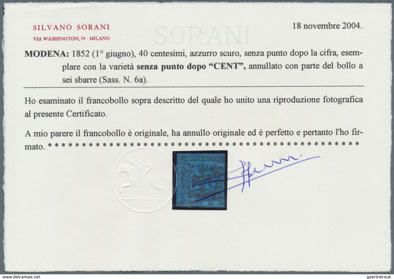 Italien - Altitalienische Staaten: Modena: 1852, 40c. Black On Deep Blue Showing Variety "without Po - Modena