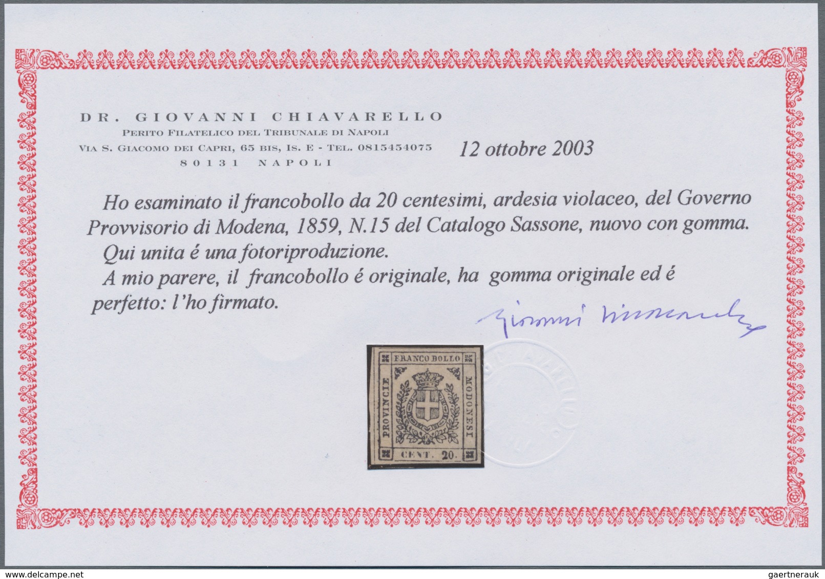 Italien - Altitalienische Staaten: Modena: 1859, 20 C Violet Slate Mint With Original Gum, All Sides - Modena