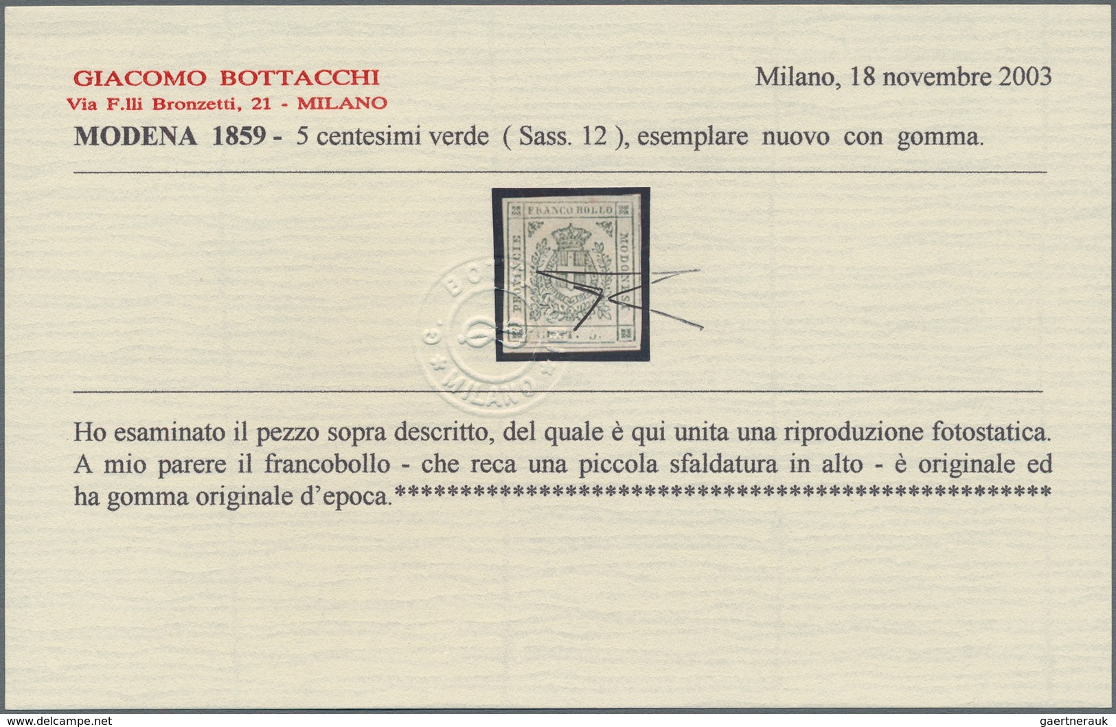 Italien - Altitalienische Staaten: Modena: 1859. Provisional Government. 5 Cent. Green, Mint With Or - Modena