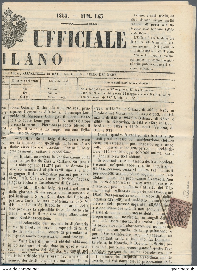Italien - Altitalienische Staaten: Modena - Zeitungsstempelmarken: 1853: Newspaper "Gazzetta Ufficia - Modena