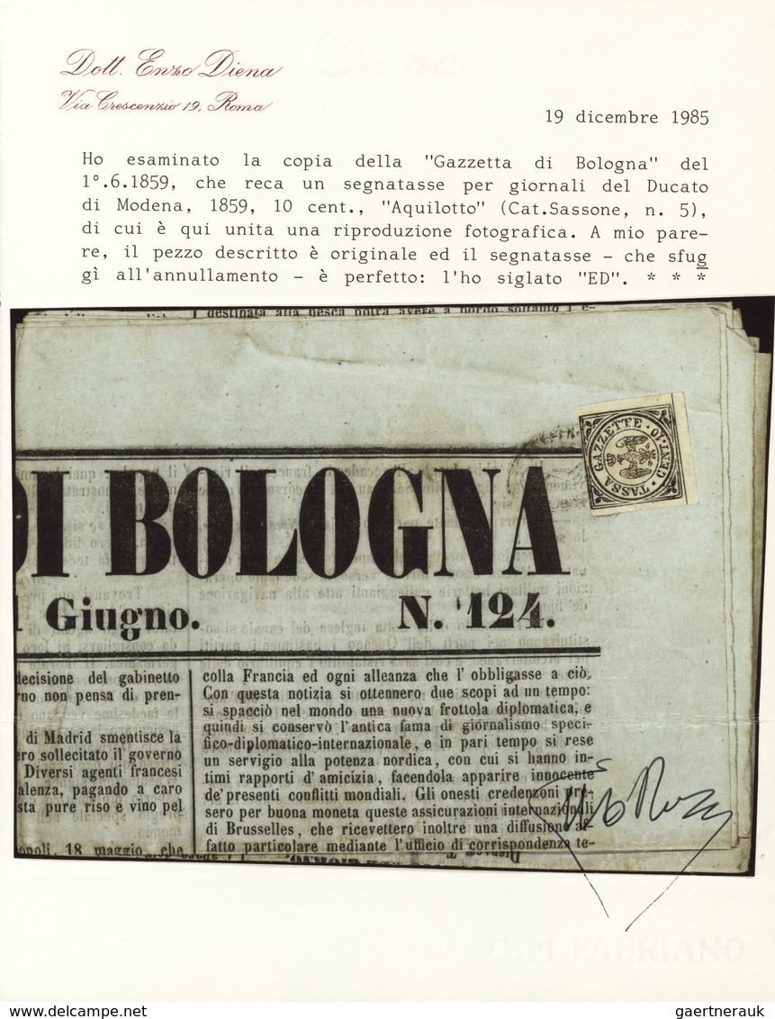 Italien - Altitalienische Staaten: Modena - Zeitungsstempelmarken: 1859, 10 Cent. Black On White Sin - Modena