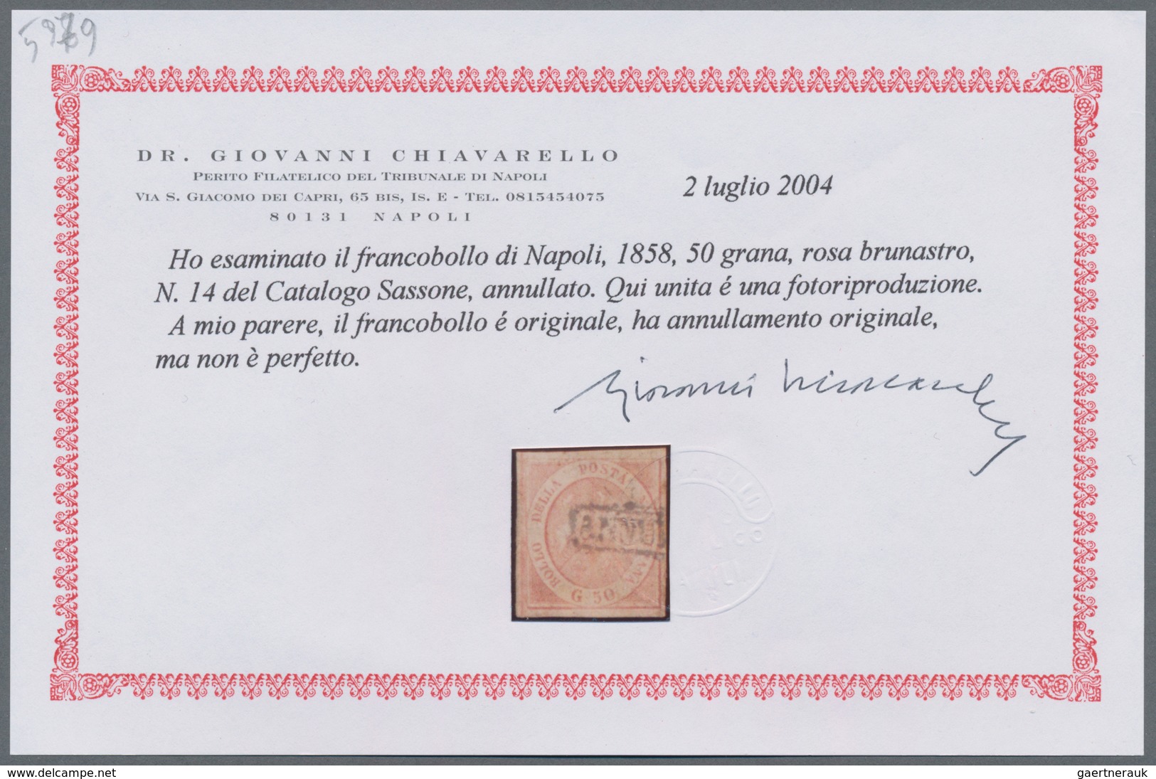 Italien - Altitalienische Staaten: Neapel: 1858, 50 Grana Brown-rose Cancelled With Frame Stamp, Mar - Naples