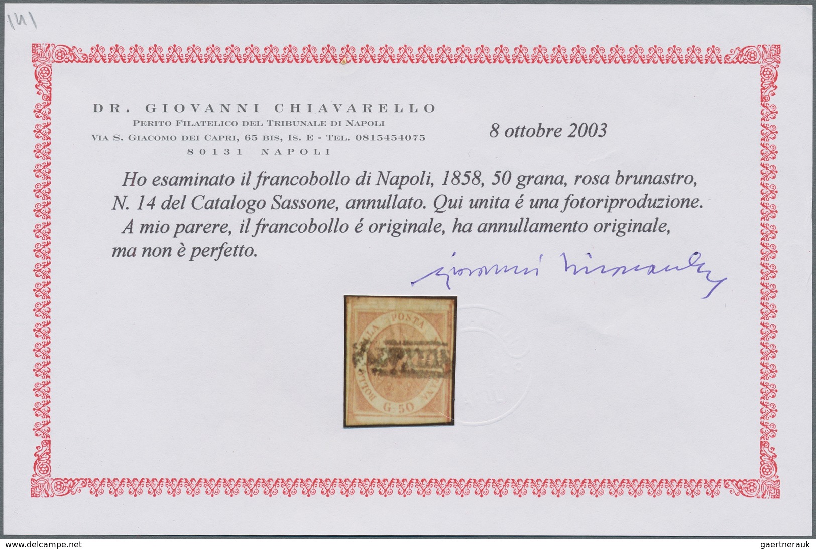 Italien - Altitalienische Staaten: Neapel: 1859. 50 Grana Brownish-rose, Cancelled With Part Of Fram - Neapel