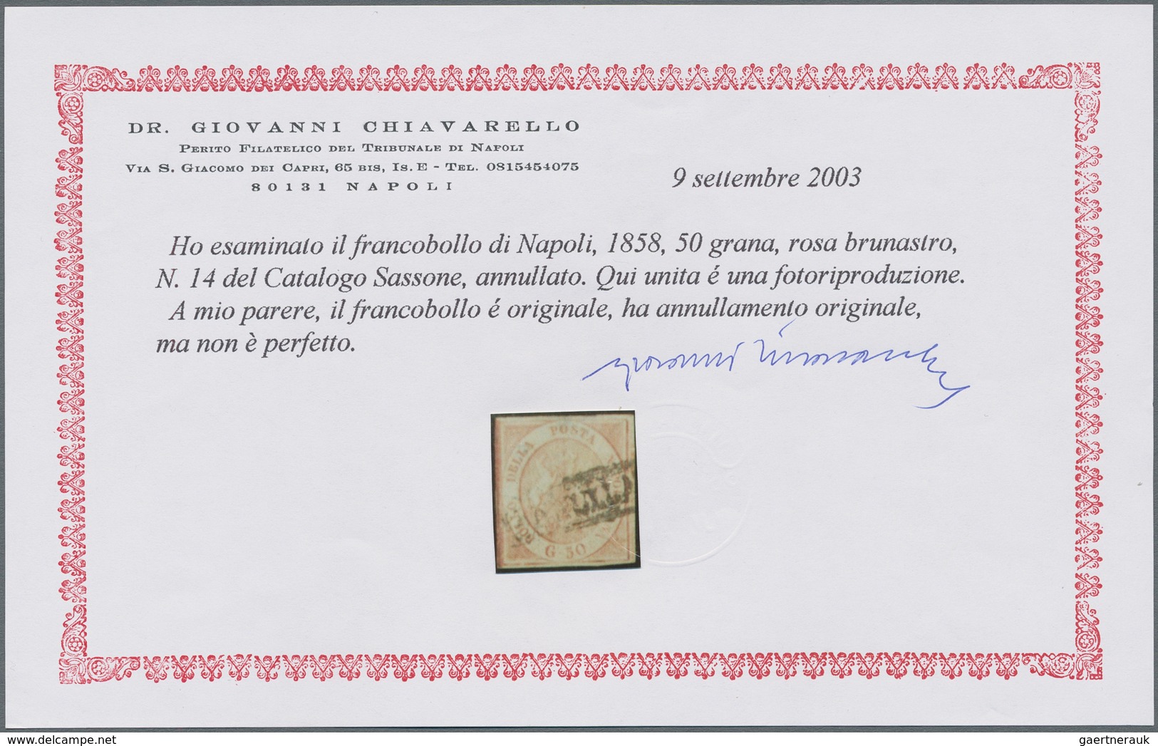 Italien - Altitalienische Staaten: Neapel: 1859. 50 Grana Brownish-rose, Cancelled With Part Of Fram - Napels