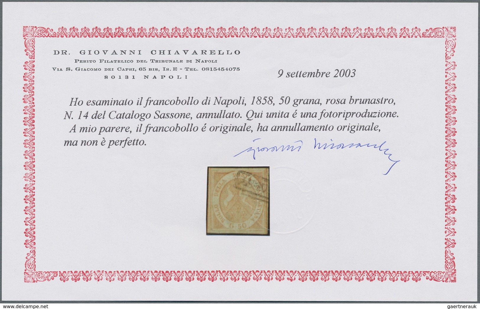 Italien - Altitalienische Staaten: Neapel: 1859. 50 Grana Brownish-rose, Cancelled With Part Of Fram - Napels