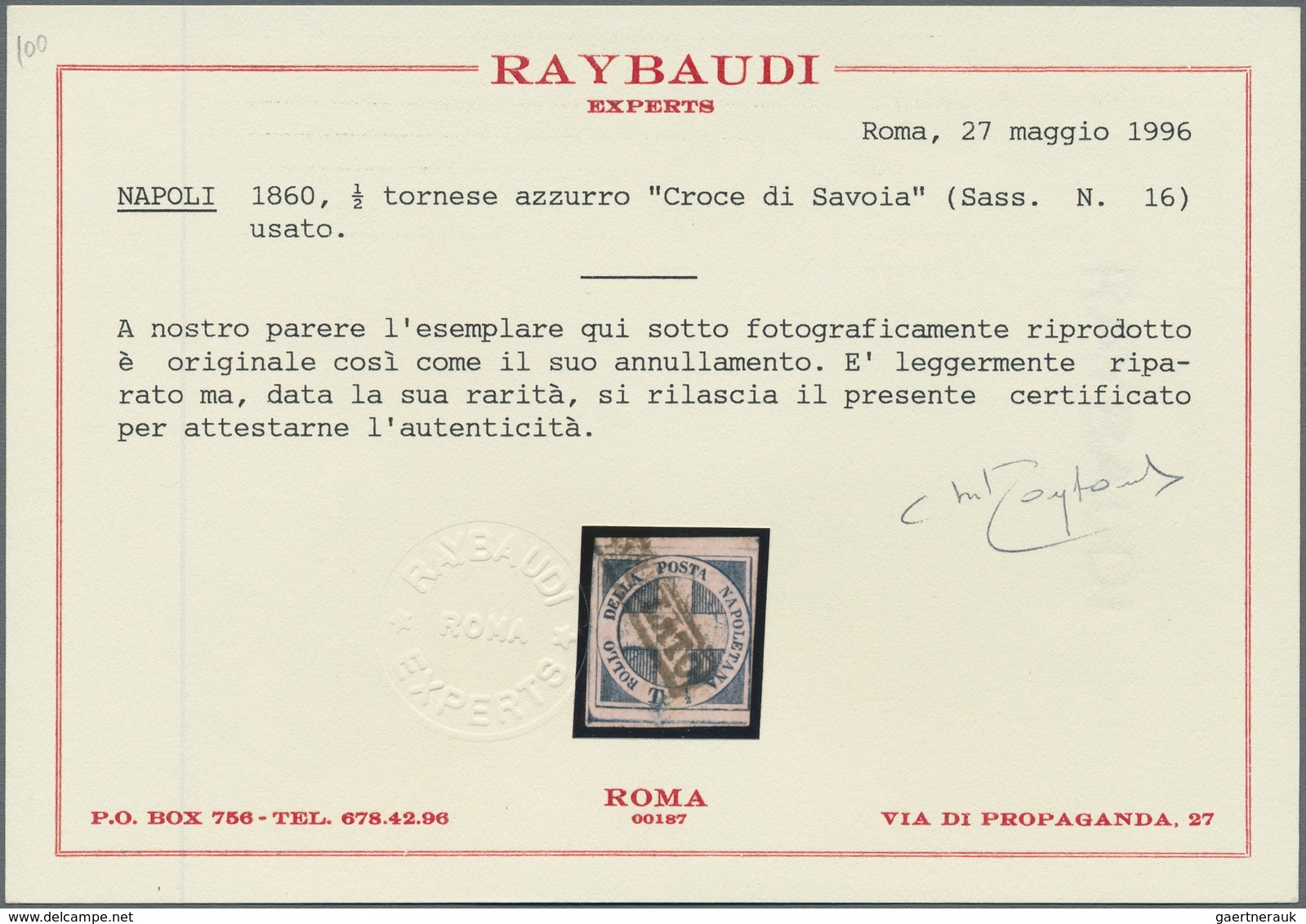 Italien - Altitalienische Staaten: Neapel: 1860. 1/2 Tornese Blue "Croce Di Savoia", Cancelled By Fr - Napels