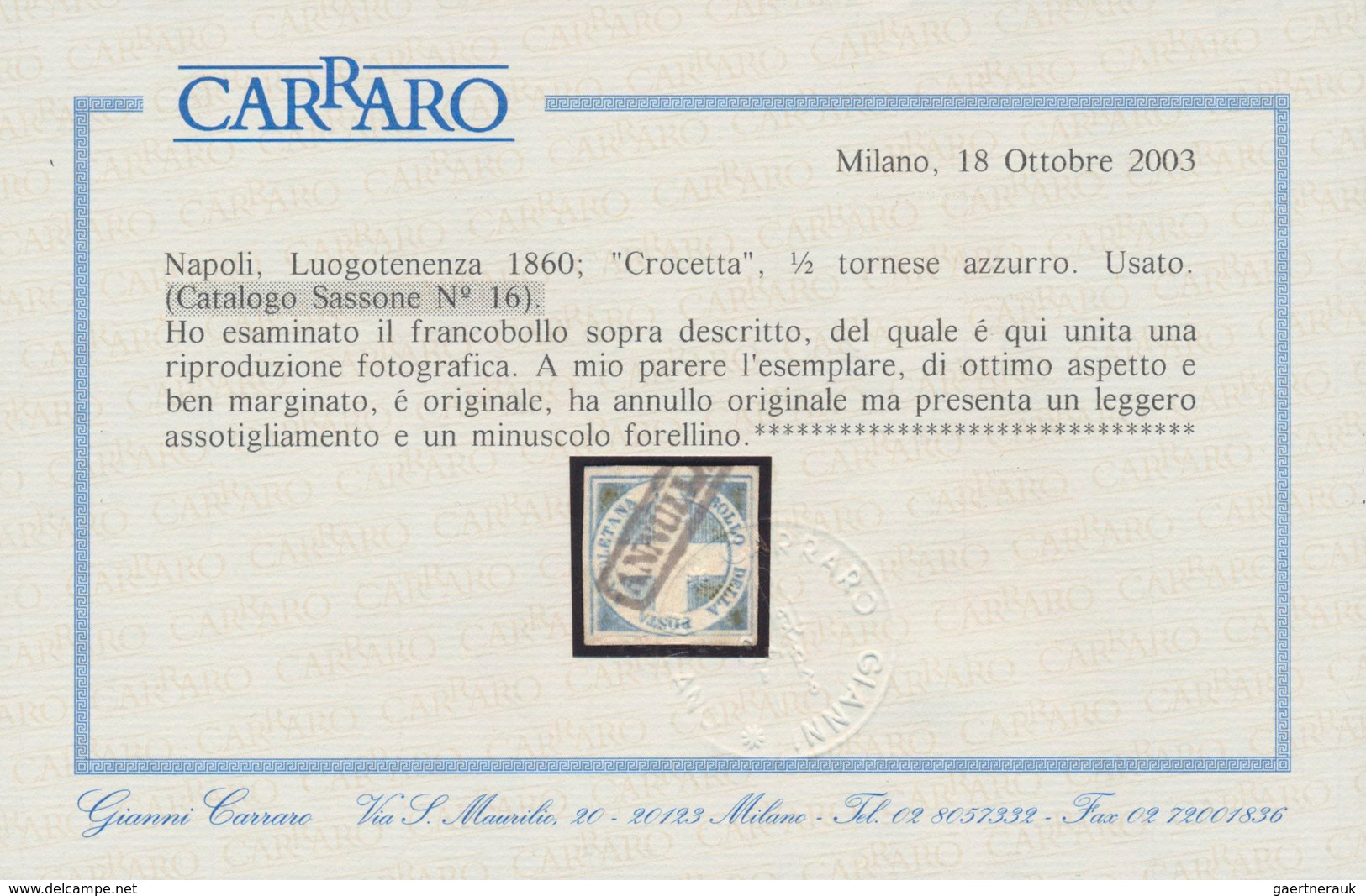Italien - Altitalienische Staaten: Neapel: 1860, 1/2 Tornese Blue So-called "Savoy Cross" Cancelled - Naples