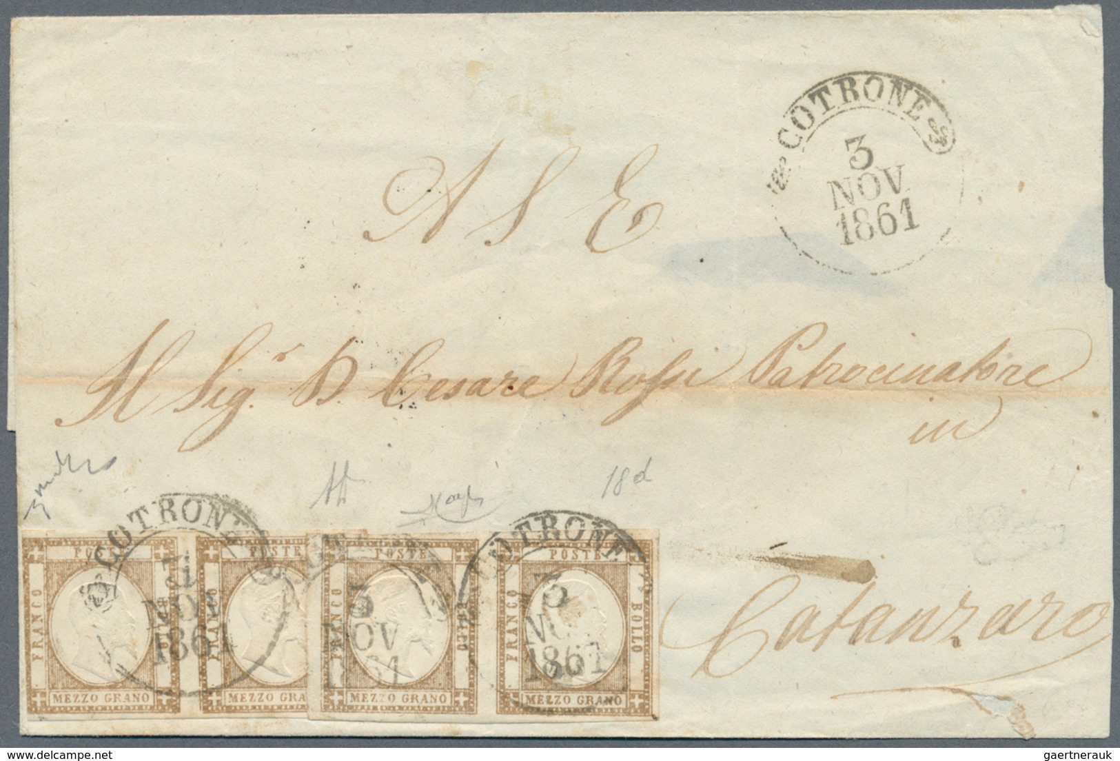 Italien - Altitalienische Staaten: Neapel: 1861, ½ Grana Brown, Two Horizontal Pairs On A Letter To - Naples