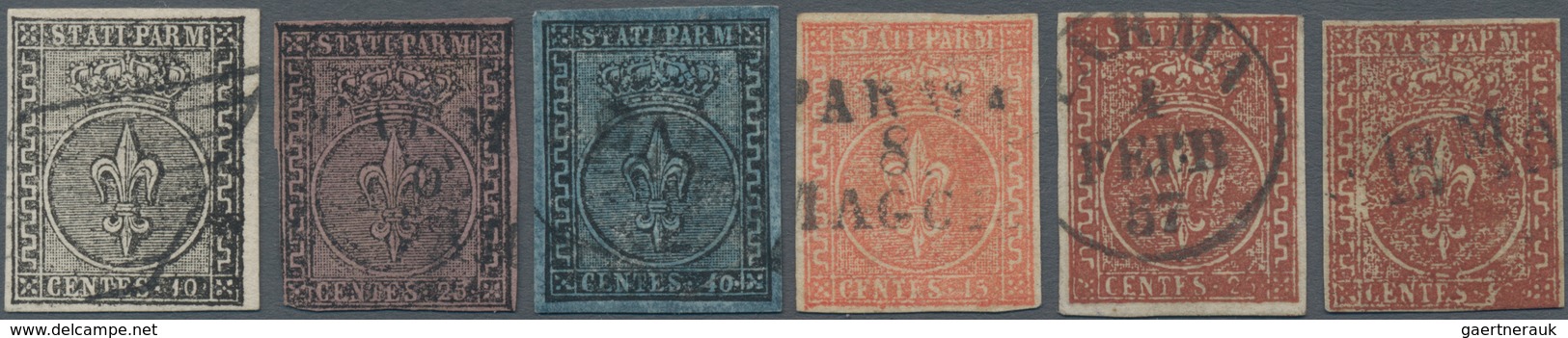 Italien - Altitalienische Staaten: Parma: 1852, Assembling Of Five Used Stamps Including 25 C. Signe - Parma