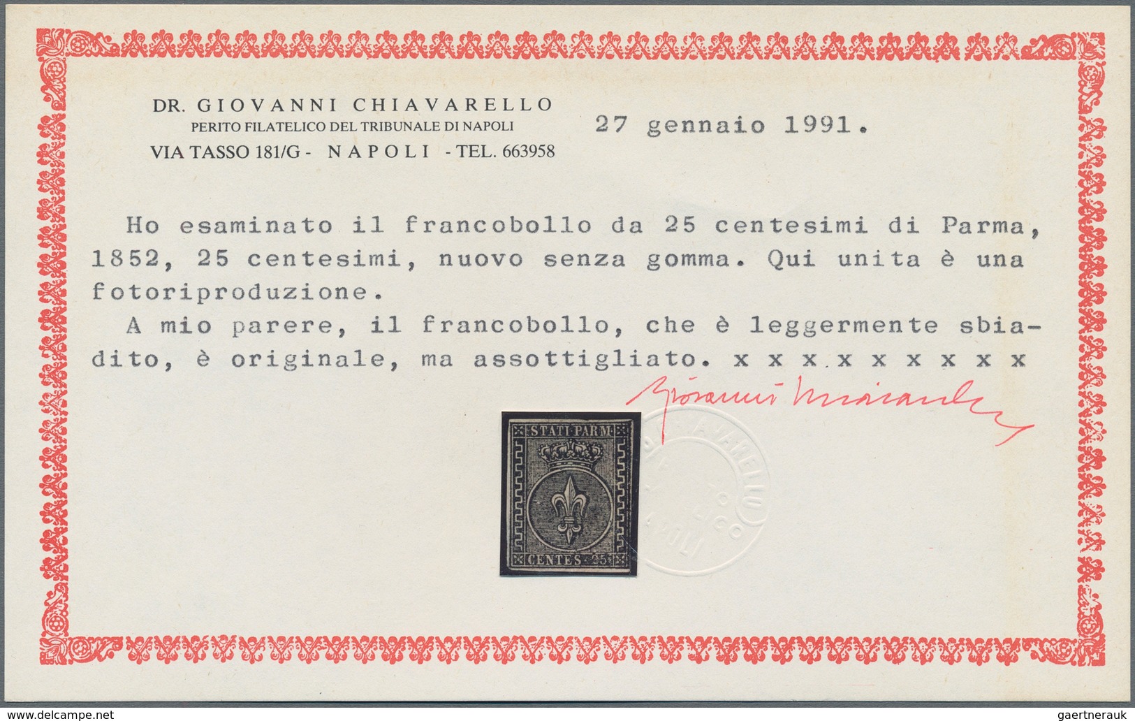 Italien - Altitalienische Staaten: Parma: 1852. 25 Centes Black On Light Violet (discoloured), Unuse - Parma