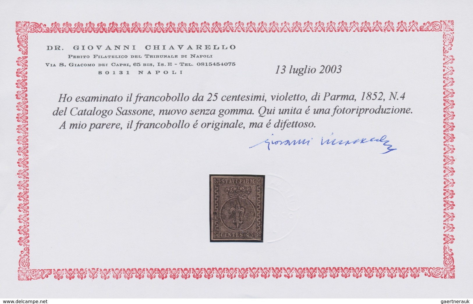 Italien - Altitalienische Staaten: Parma: 1852, 25c. Black On Violet, Fresh Colour, Cut Into At Lowe - Parme