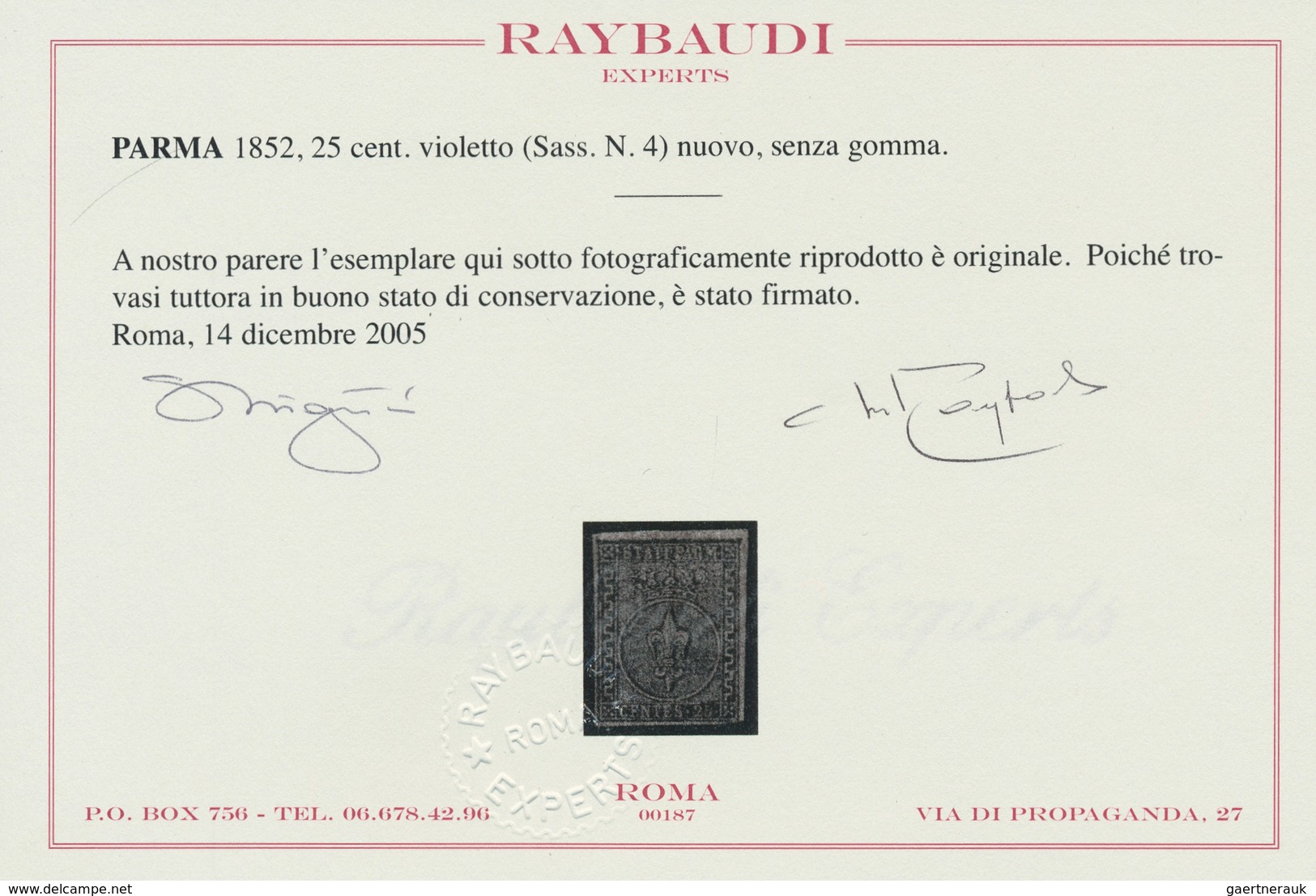 Italien - Altitalienische Staaten: Parma: 1852, 25 Centesimi Violetto, 25c. Violet Unused Without Gu - Parma