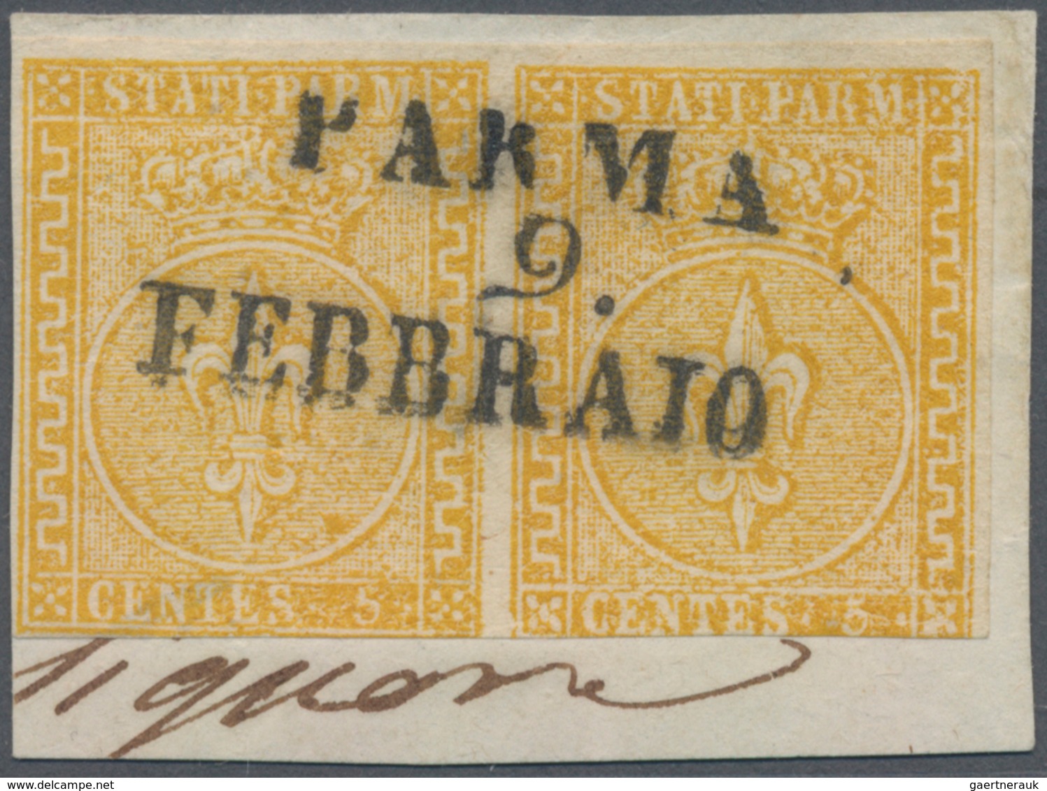 Italien - Altitalienische Staaten: Parma: 1853, 5 Cent. Yellow-orange Pair With Clear And Centrical - Parma