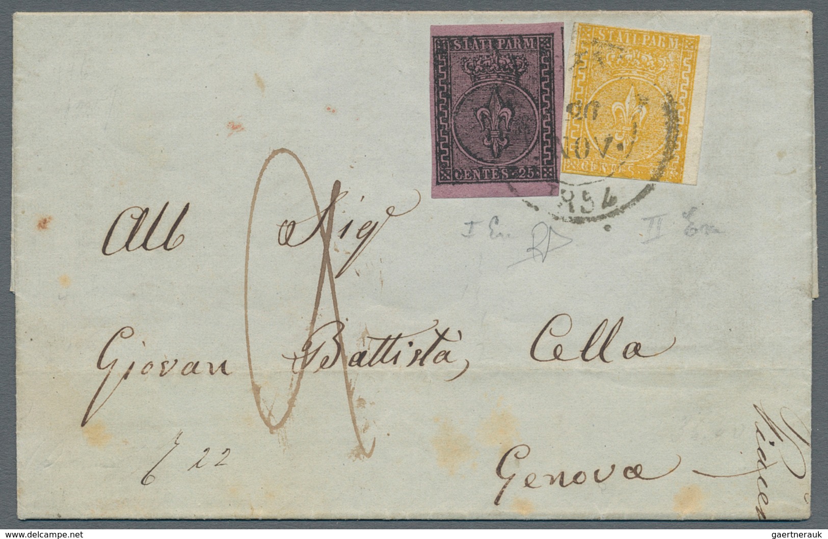 Italien - Altitalienische Staaten: Parma: 1854, 5 C Yellow (slightly Cut In At Two Sides) And 25 C B - Parma